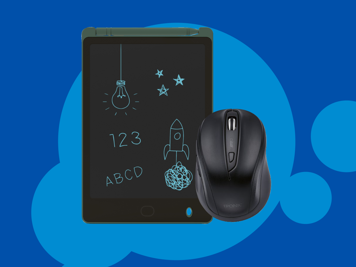 Um tablet de escrita digital e um mouse de computador TRONIC em um fundo azul.