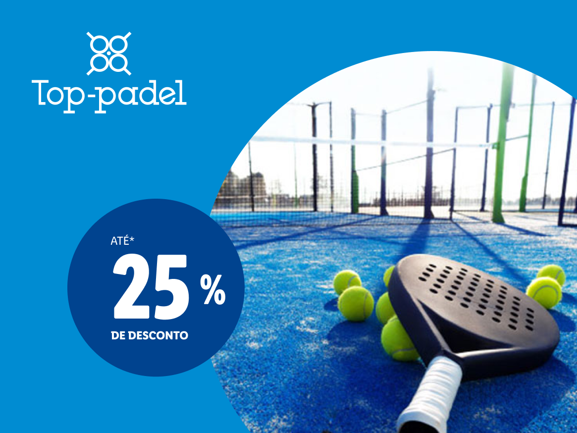 Anúncio Top-padel com raquete, bolas de padel e 25% de desconto.