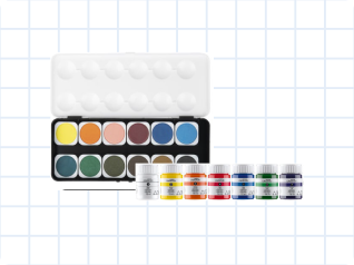 Conjunto de aguarelas em pastilha e tintas acrílicas em frascos.