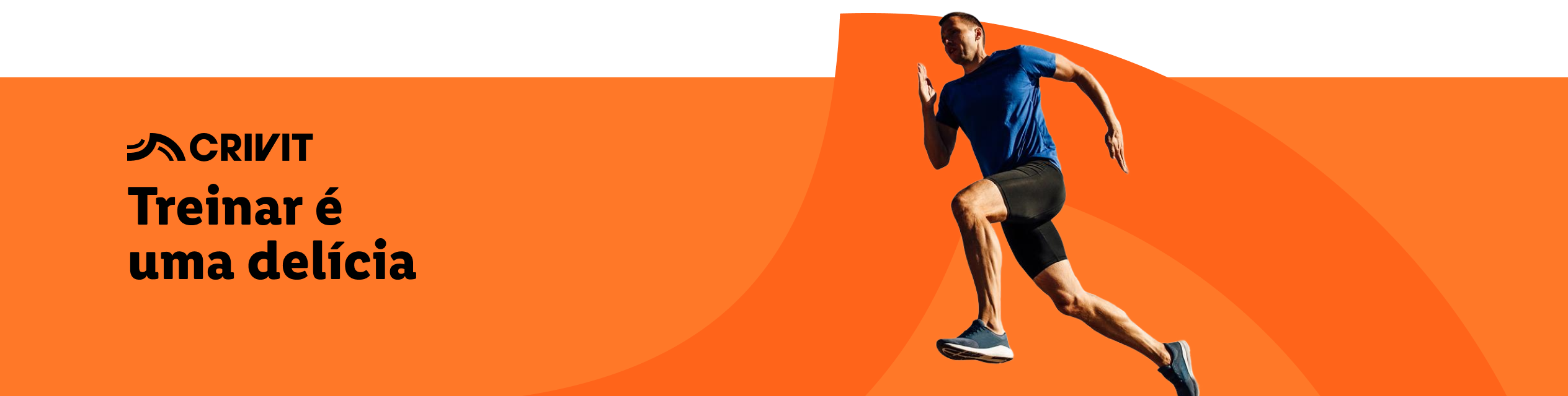 Homem a correr com roupa desportiva Crivit. Texto: 'Treinar é uma delícia'.
