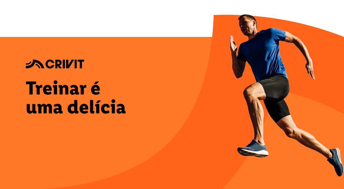 Homem a correr com roupa desportiva Crivit. Texto: 'Treinar é uma delícia'.