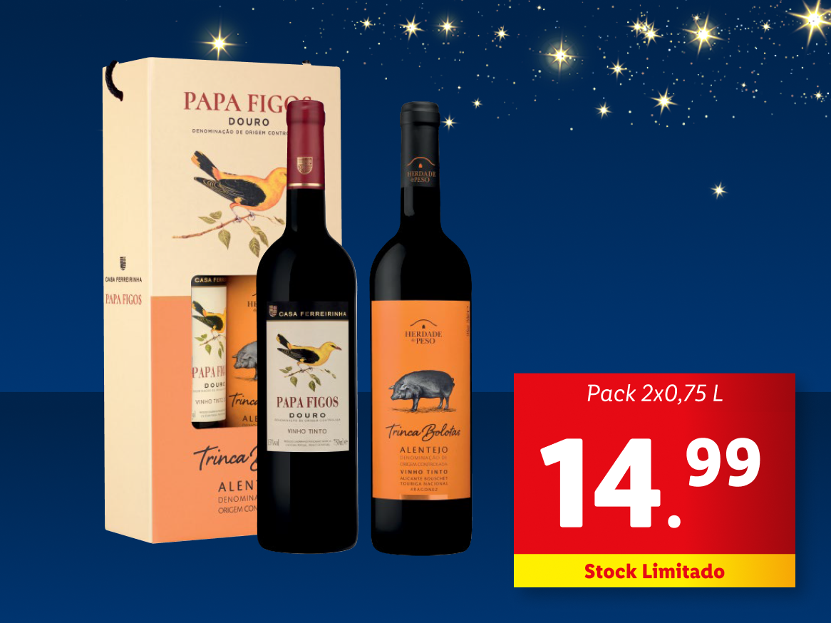 Duas garrafas de vinho tinto: Casa Ferreirinha Papa Figos Douro e Herdade do Peso Trinca Bolotas Alentejo.