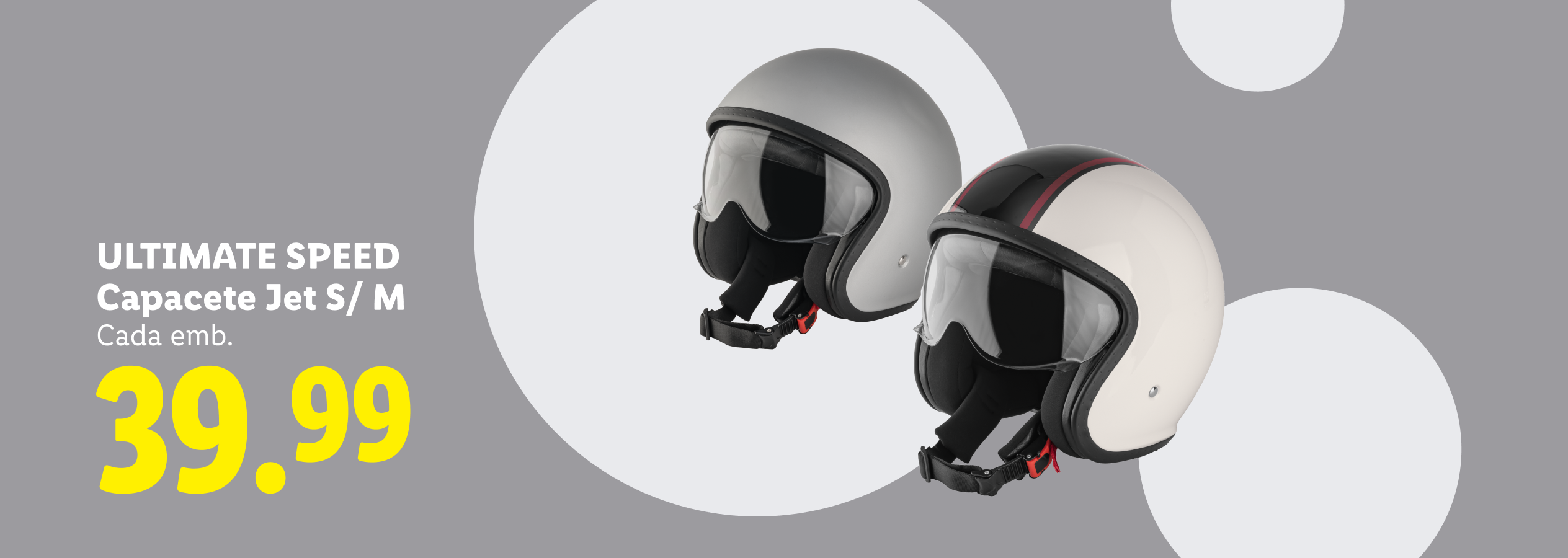 Dois capacetes de motociclista jet, um cinzento e um branco, com o preço de 39,99.