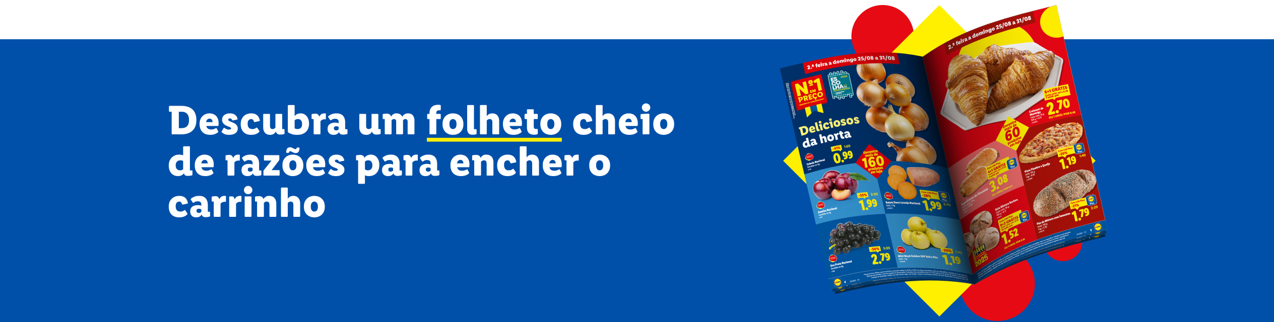 Um folheto de supermercado com ofertas de frutas, legumes e produtos de padaria.