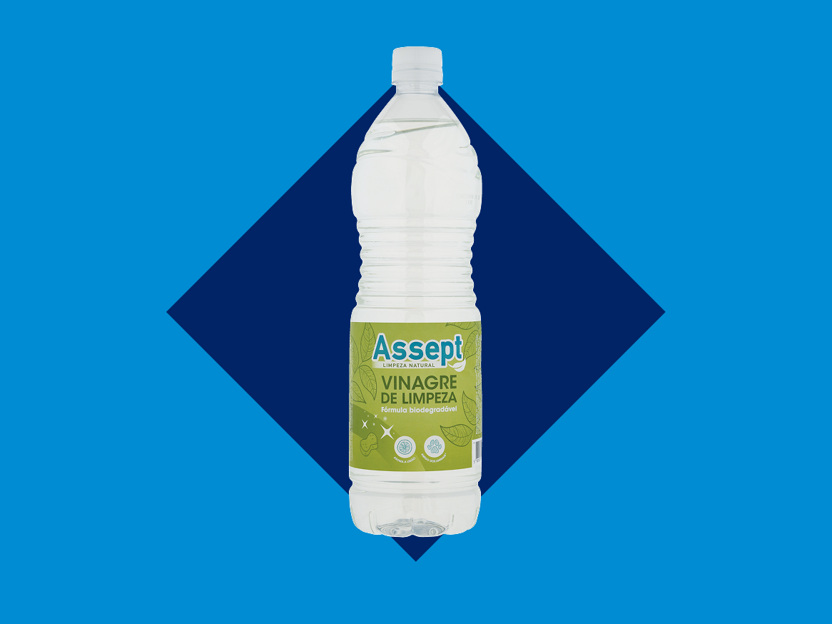 Garrafa de vinagre de limpeza Assept, fórmula biodegradável.