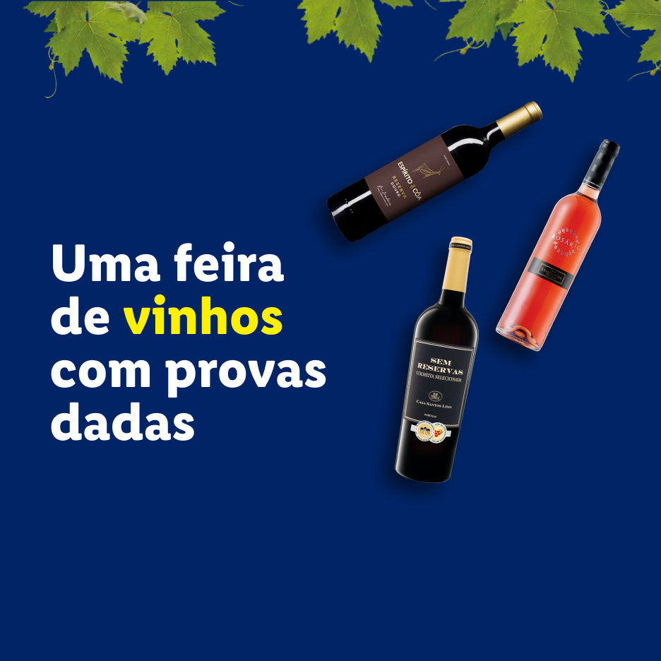 Três garrafas de vinho (tinto, rosé e tinto) com folhas de videira e o texto 'Uma feira de vinhos com provas dadas'.