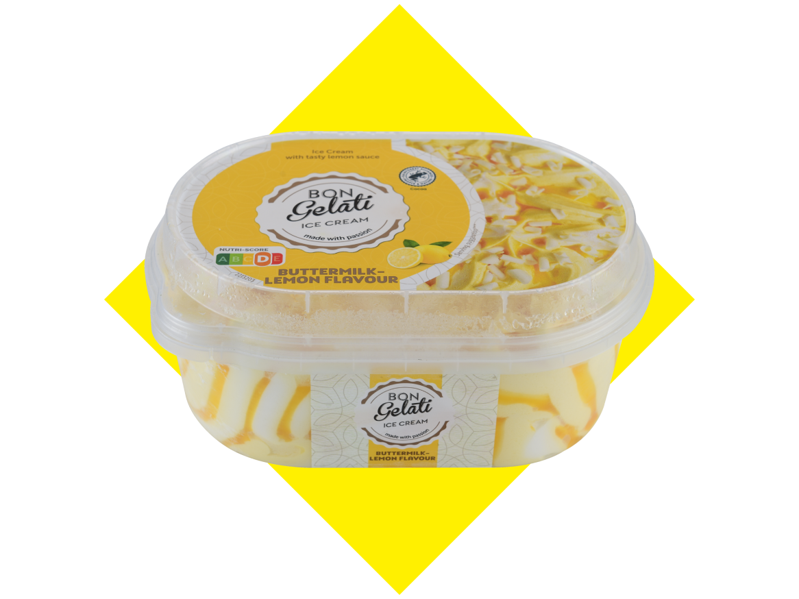 Gelado de leitelho e limão com molho de limão, com rótulo Nutri-Score.