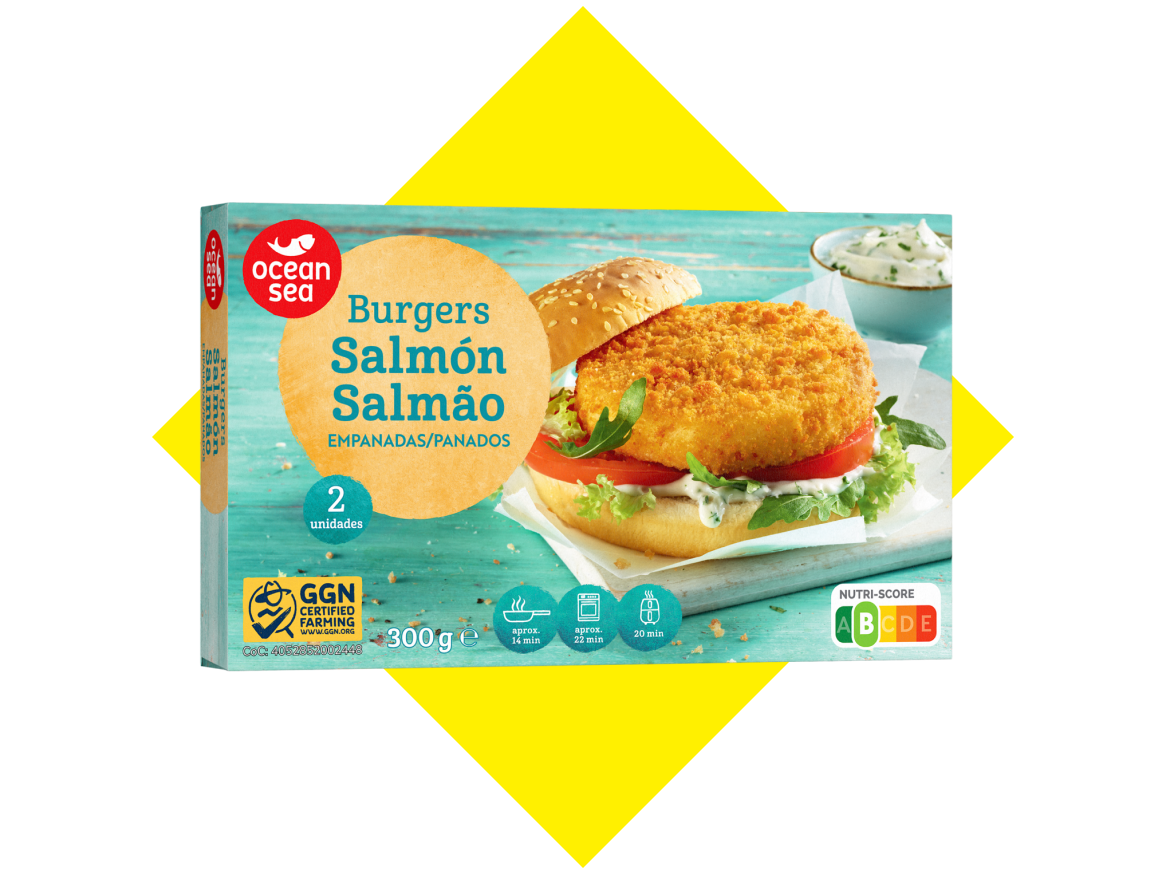 Hambúrgueres de salmão panados, 2 unidades, 300g, com Nutri-Score A.