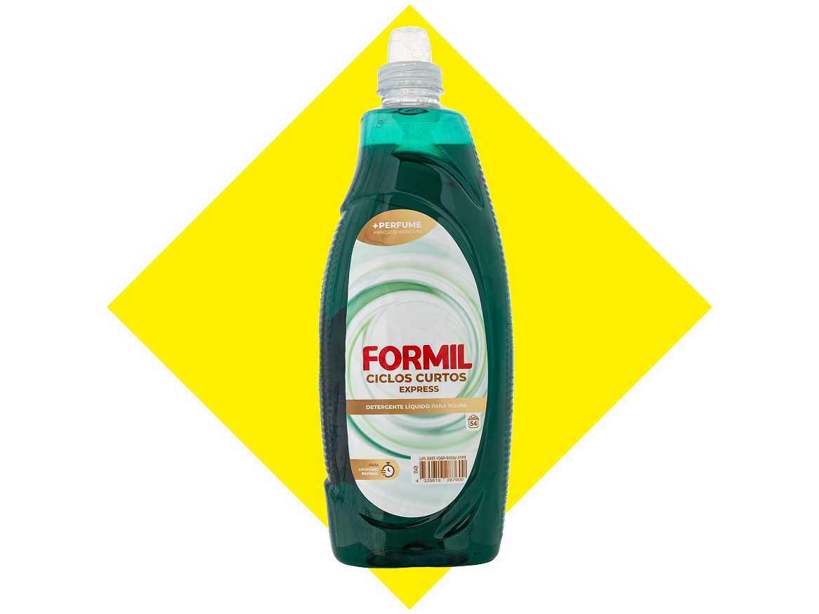 Detergente líquido para roupa com perfume, para ciclos curtos e lavagens rápidas.