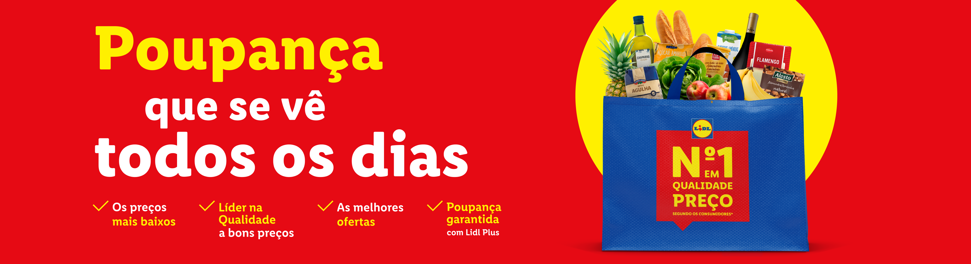 Saco de compras azul do Lidl cheio de produtos como pão, frutas, legumes, vinho e frutos secos, com texto 'Poupança que se vê todos os dias' e 'Nº1 em Qualidade Preço'.