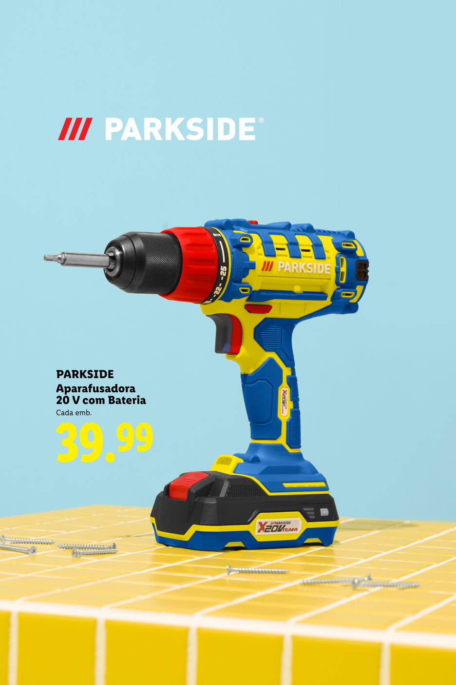 Uma aparafusadora de 20V com bateria, em azul e amarelo, com o preço de 39,99€.
