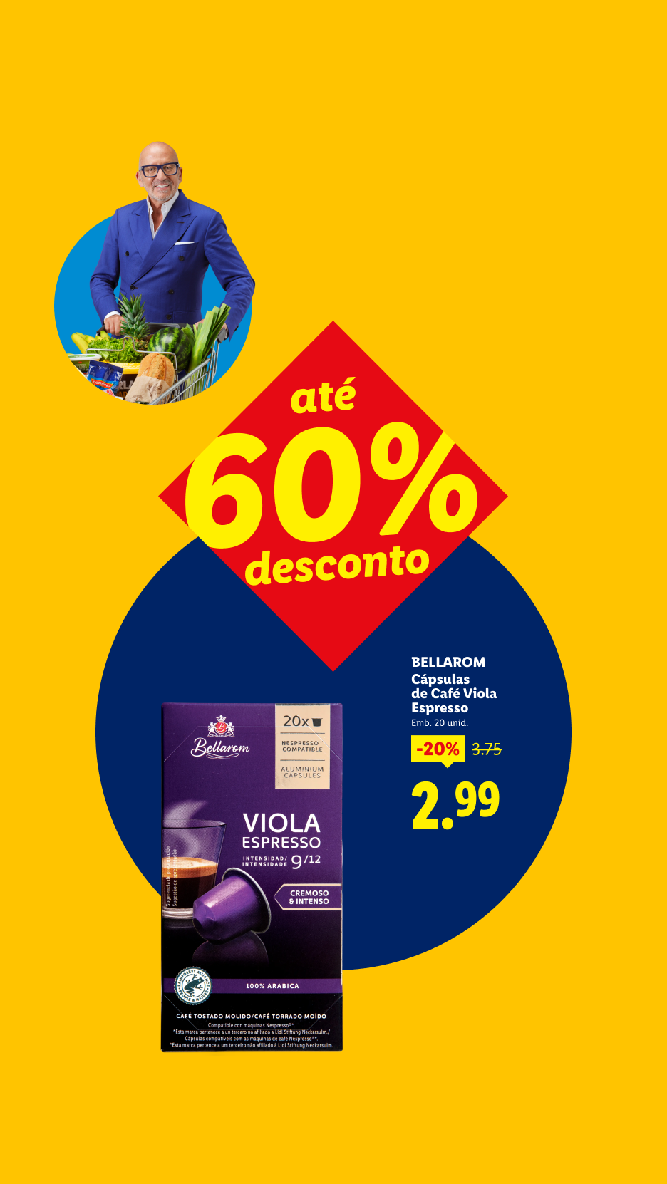 Homem com carrinho de compras e cápsulas de café com 60% de desconto.