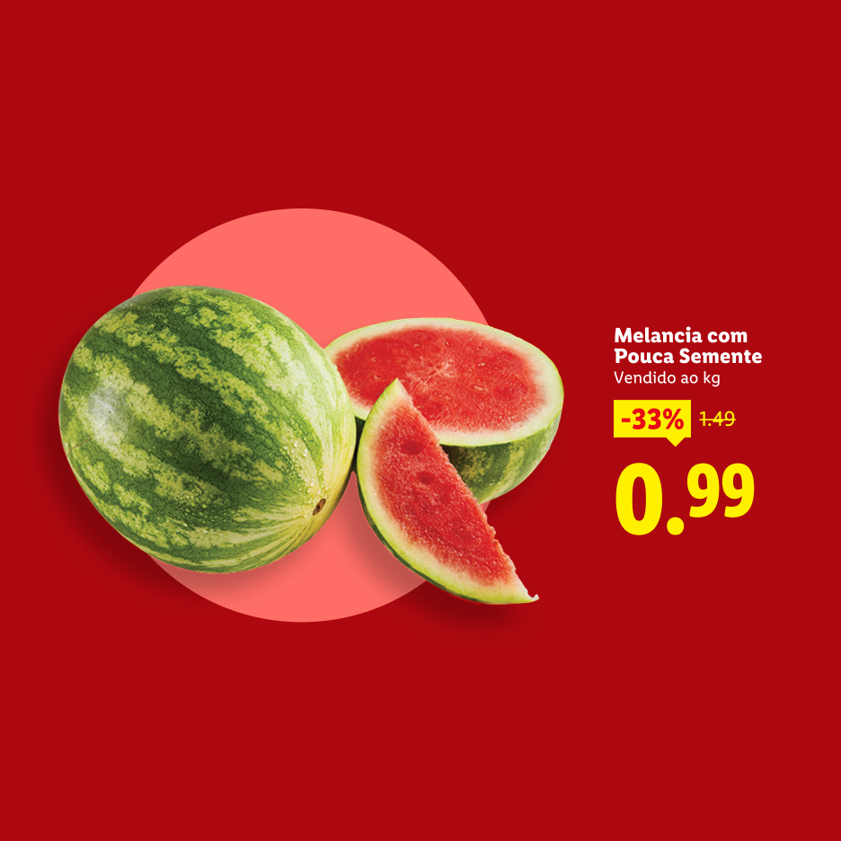 Melancia com pouca semente, vendida ao kg, com 33% de desconto, agora 0,99.