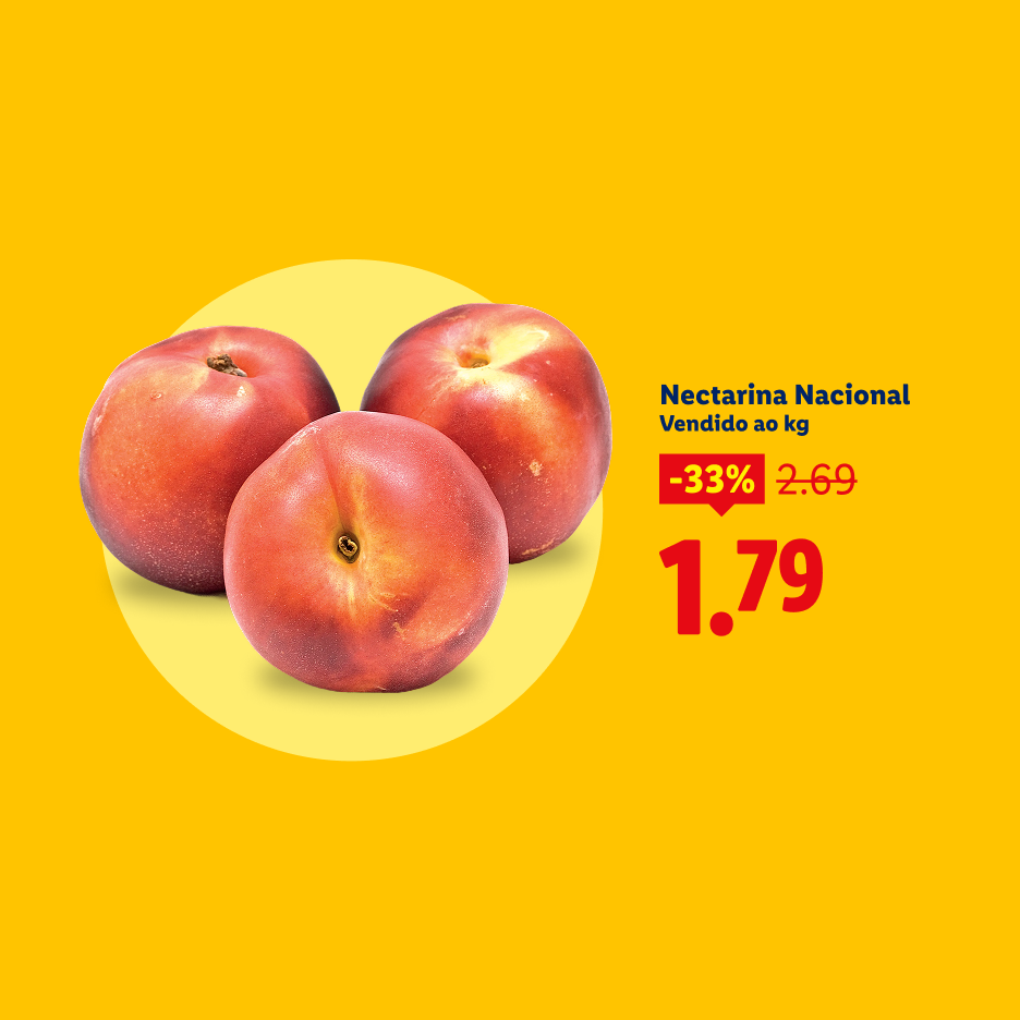 Nectarinas nacionais à venda por 1,79, com 33% de desconto do preço original de 2,69.