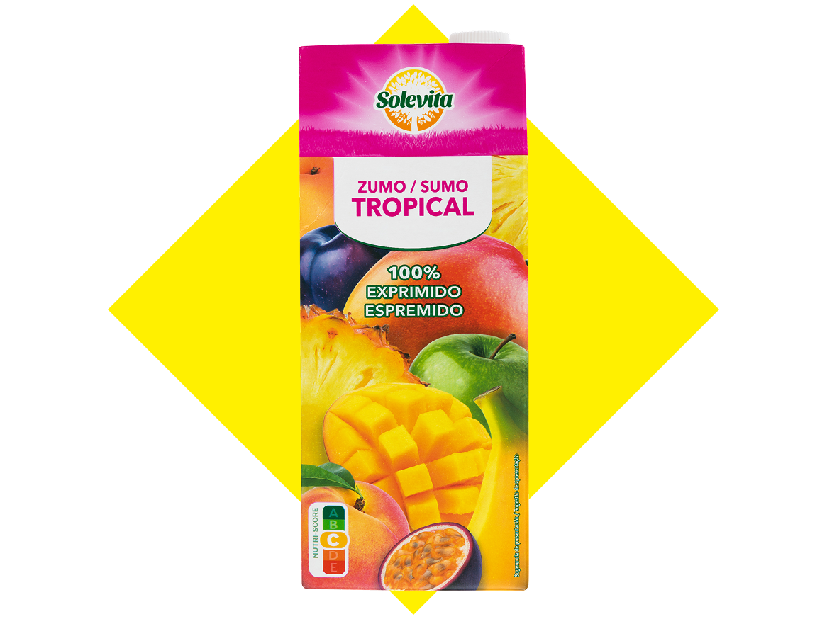Sumo tropical 100% espremido com Nutri-Score B, apresentando frutas como manga, maçã e maracujá.