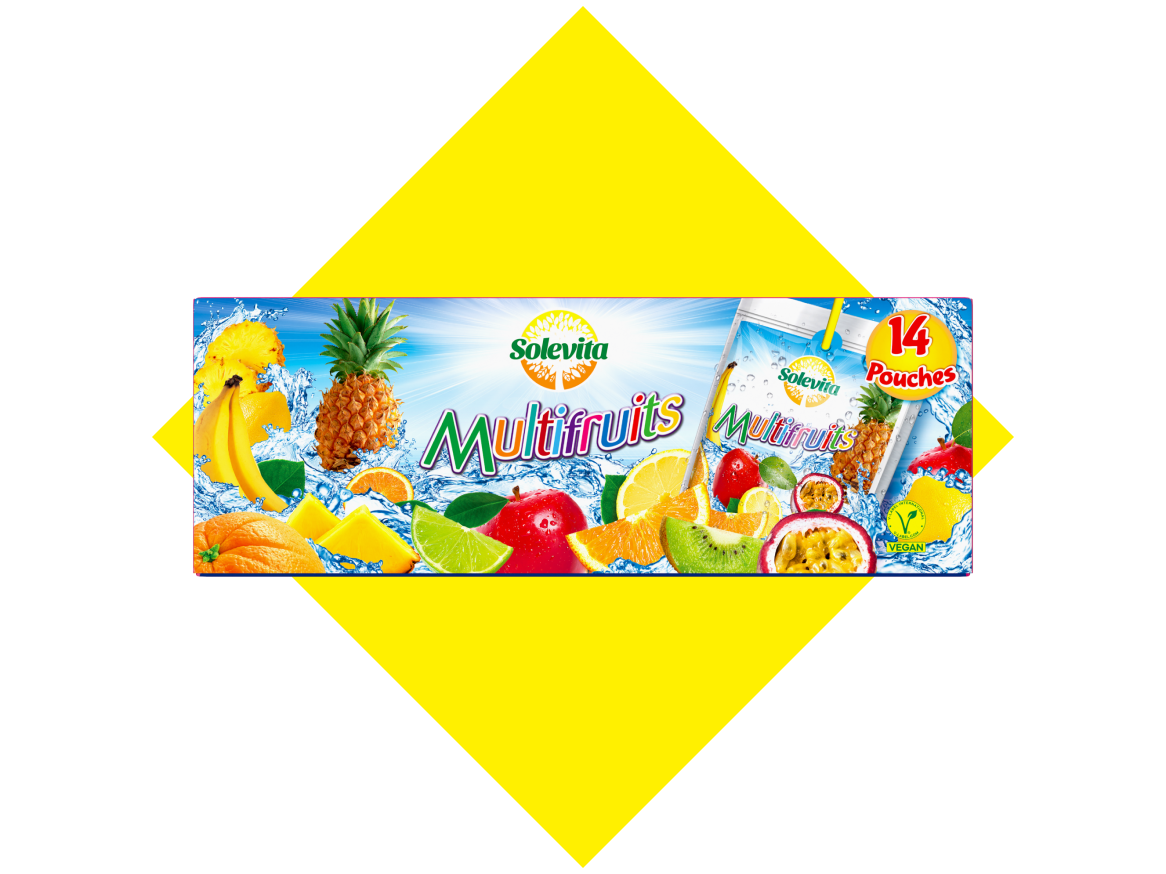 Embalagem de sumo multifrutos com 14 saquetas, rodeada por várias frutas frescas e salpicos de água.
