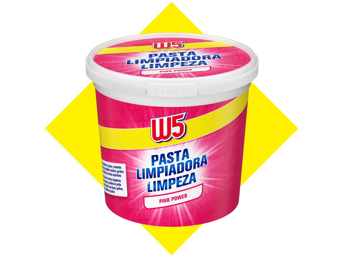 Pote de pasta de limpeza rosa com a inscrição 'Pink Power' e texto em espanhol e português.