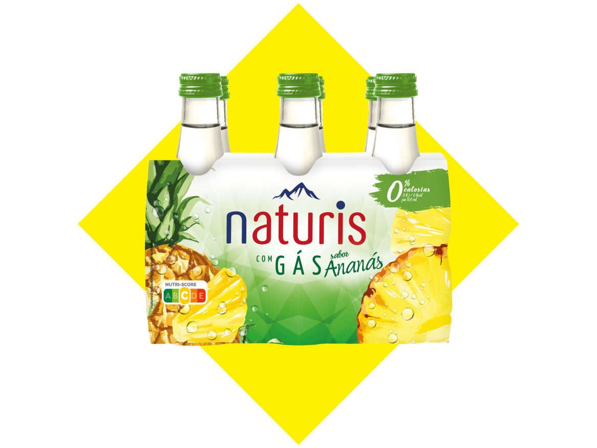 Pack de seis garrafas de água com gás sabor ananás, com 0% calorias e Nutri-Score A.