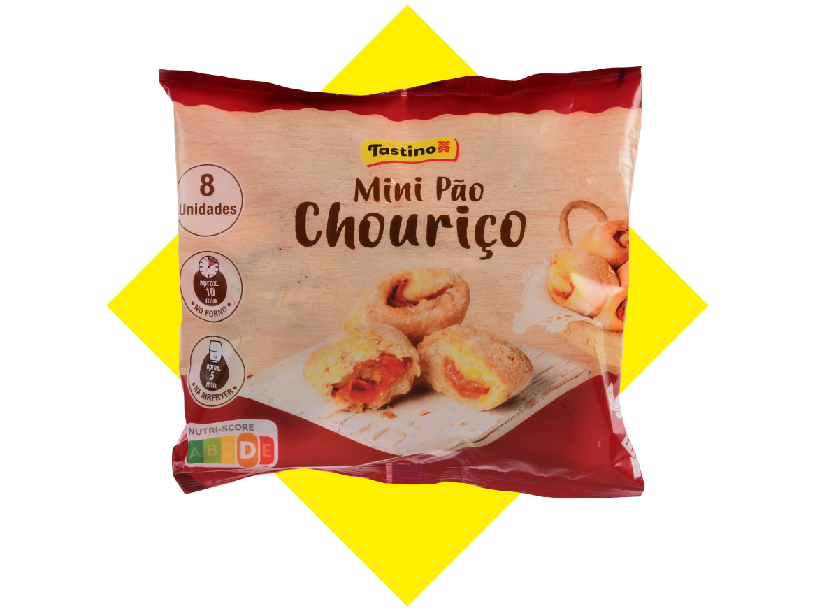Mini pão com chouriço, 8 unidades, pronto em 10 min no forno ou 5 min na airfryer, Nutri-Score C.