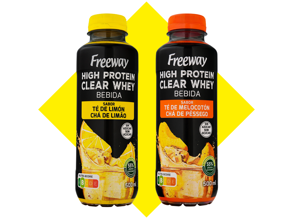 Duas bebidas de proteína de soro de leite transparente, uma de limão e outra de pêssego.