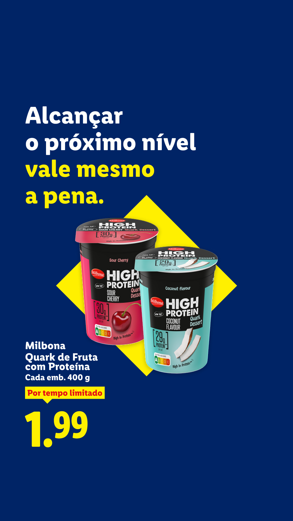 Milbona Quark de Fruta com Proteína de cereja e coco, 400g, por 1,99€.