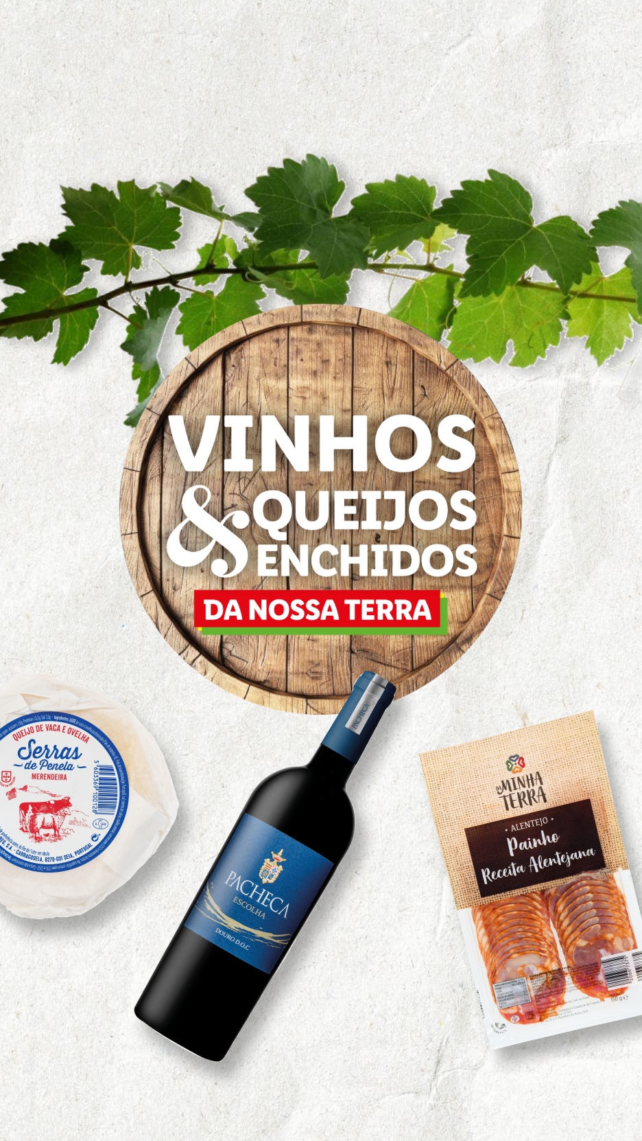 Vinhos, queijos e enchidos portugueses, com garrafa de vinho tinto, queijo de ovelha e painho.
