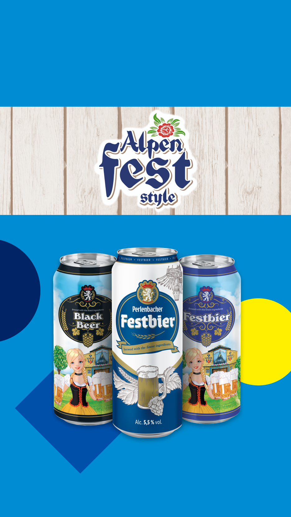Três latas de cerveja Festbier e Black Beer com o logótipo 'Alpen Fest style' ao fundo.