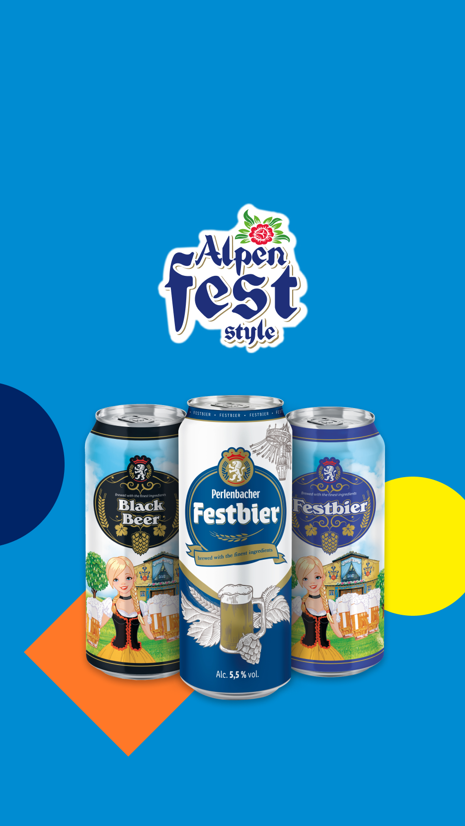 Três latas de cerveja festbier e black beer, com o logótipo 'Alpen Fest style' no topo.