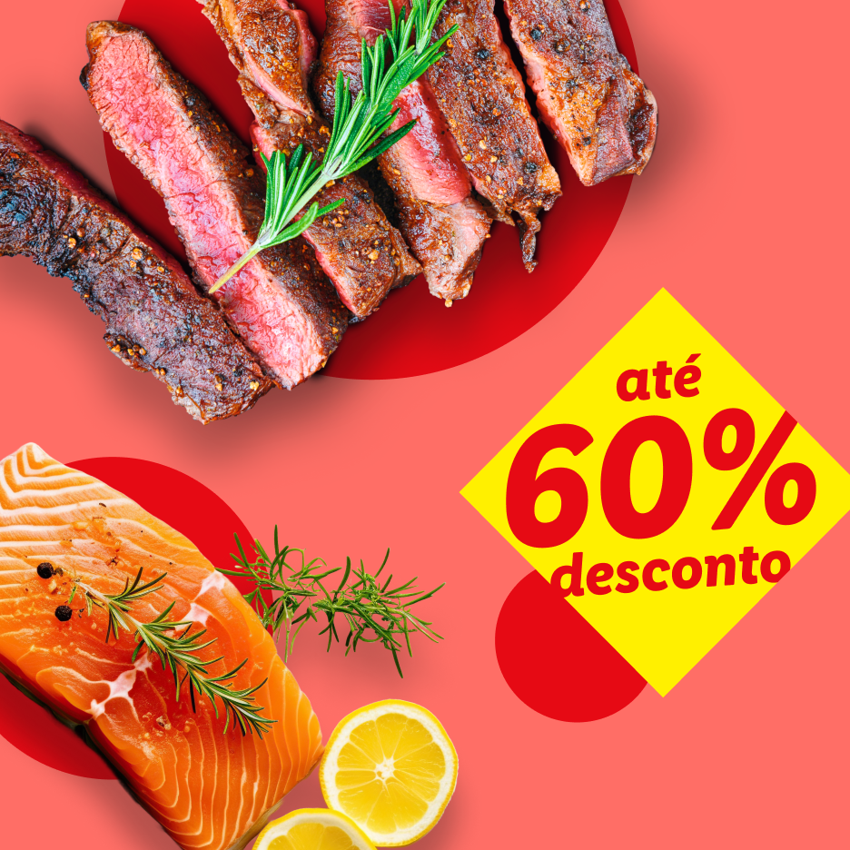 Bifes de carne e salmão com alecrim e limão, com desconto de até 60%.