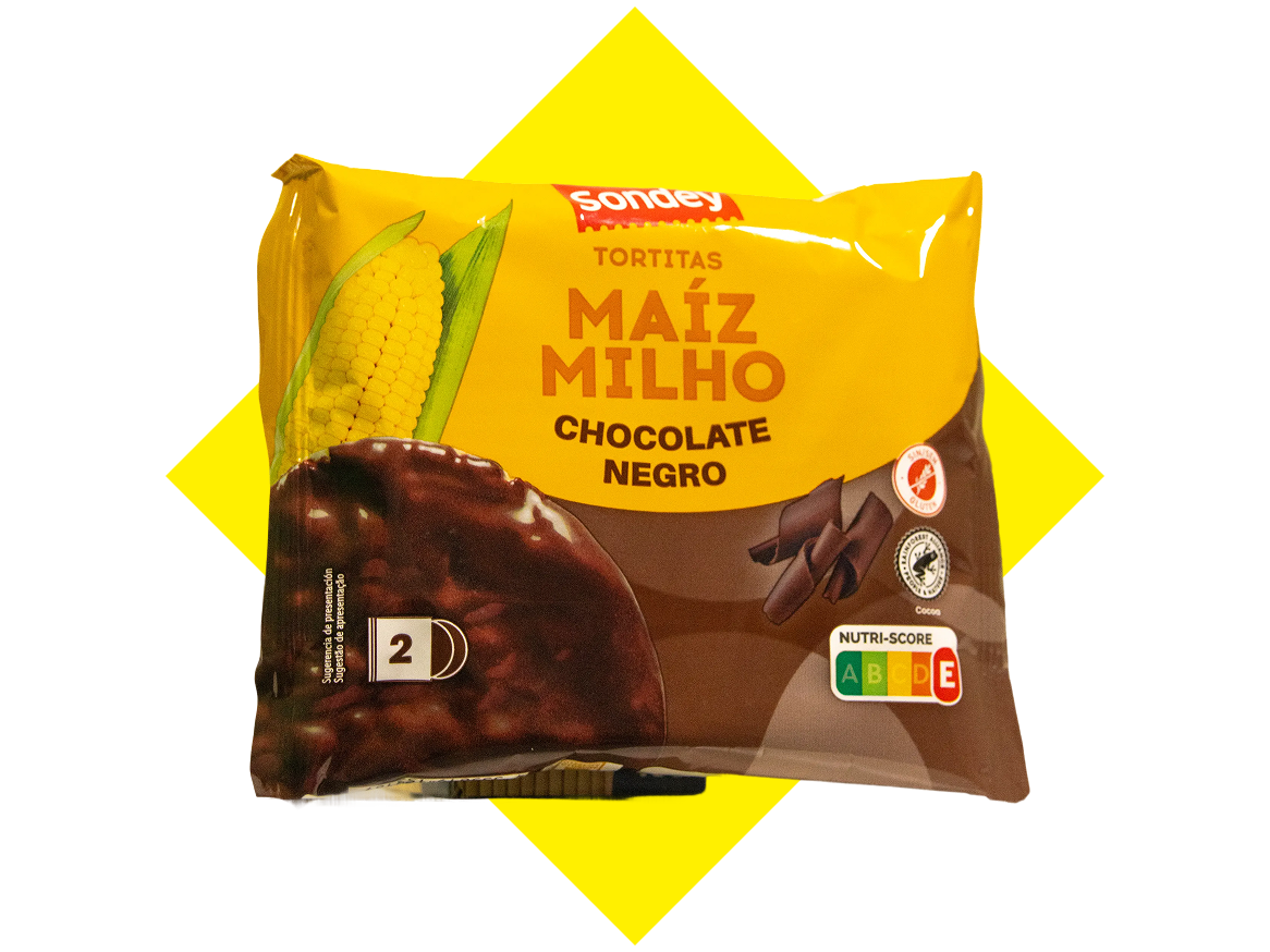 Tortitas de milho com chocolate negro, com Nutri-Score B.