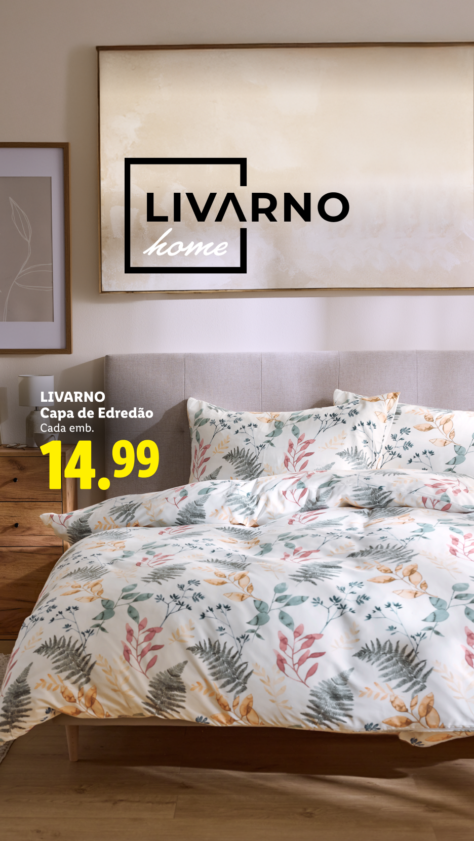 Capa de edredão com padrão botânico em tons de verde, rosa e laranja, preço 14,99.