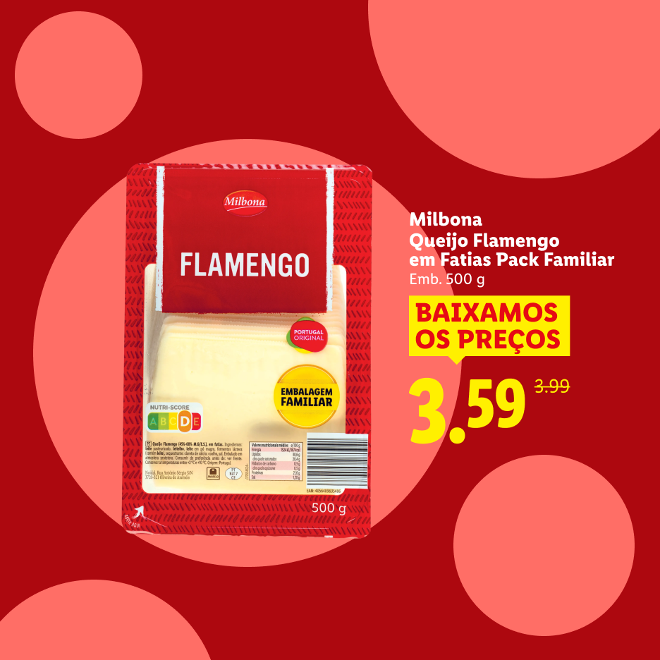 Queijo Flamengo em fatias, embalagem familiar de 500g, com preço reduzido de 3,99€ para 3,59€.