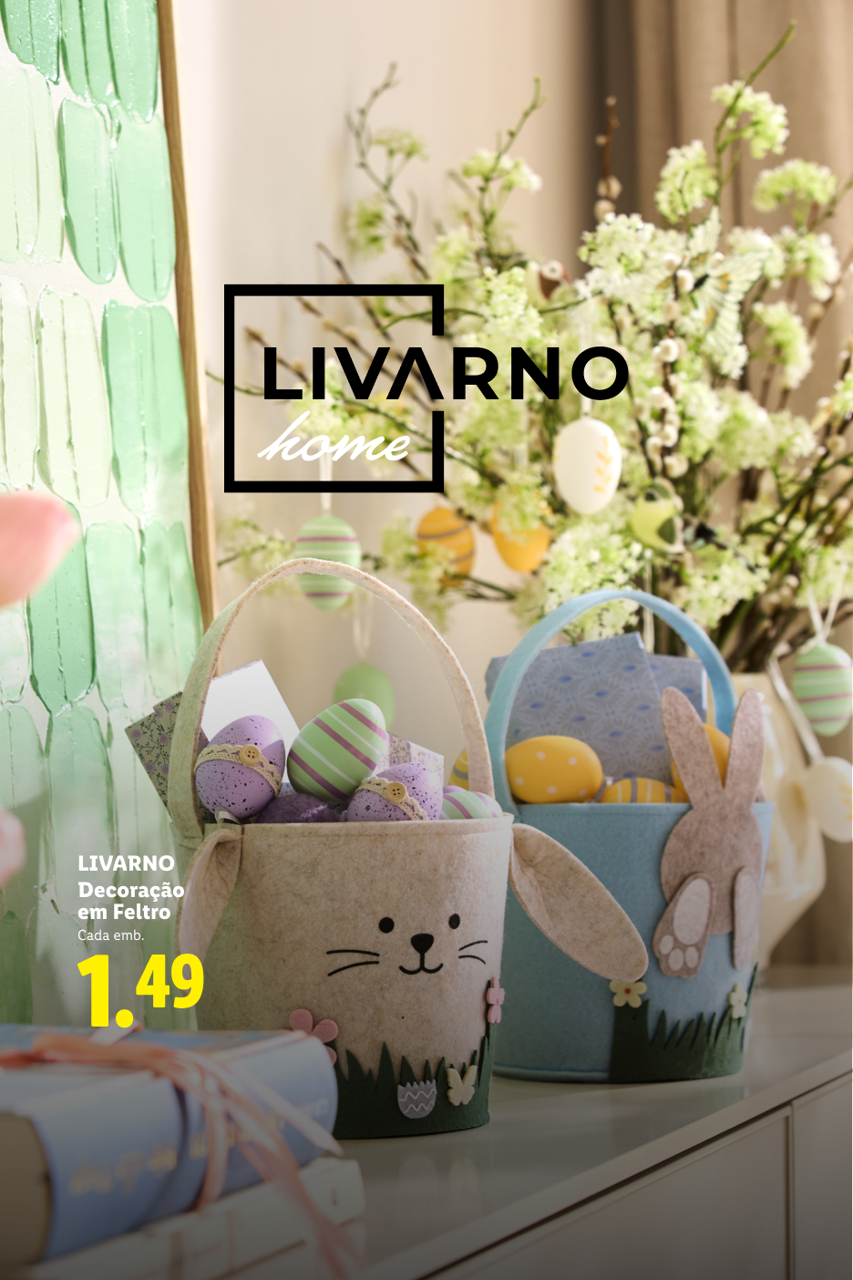 Cestos de feltro com coelhos e ovos de Páscoa, com o preço de 1,49.