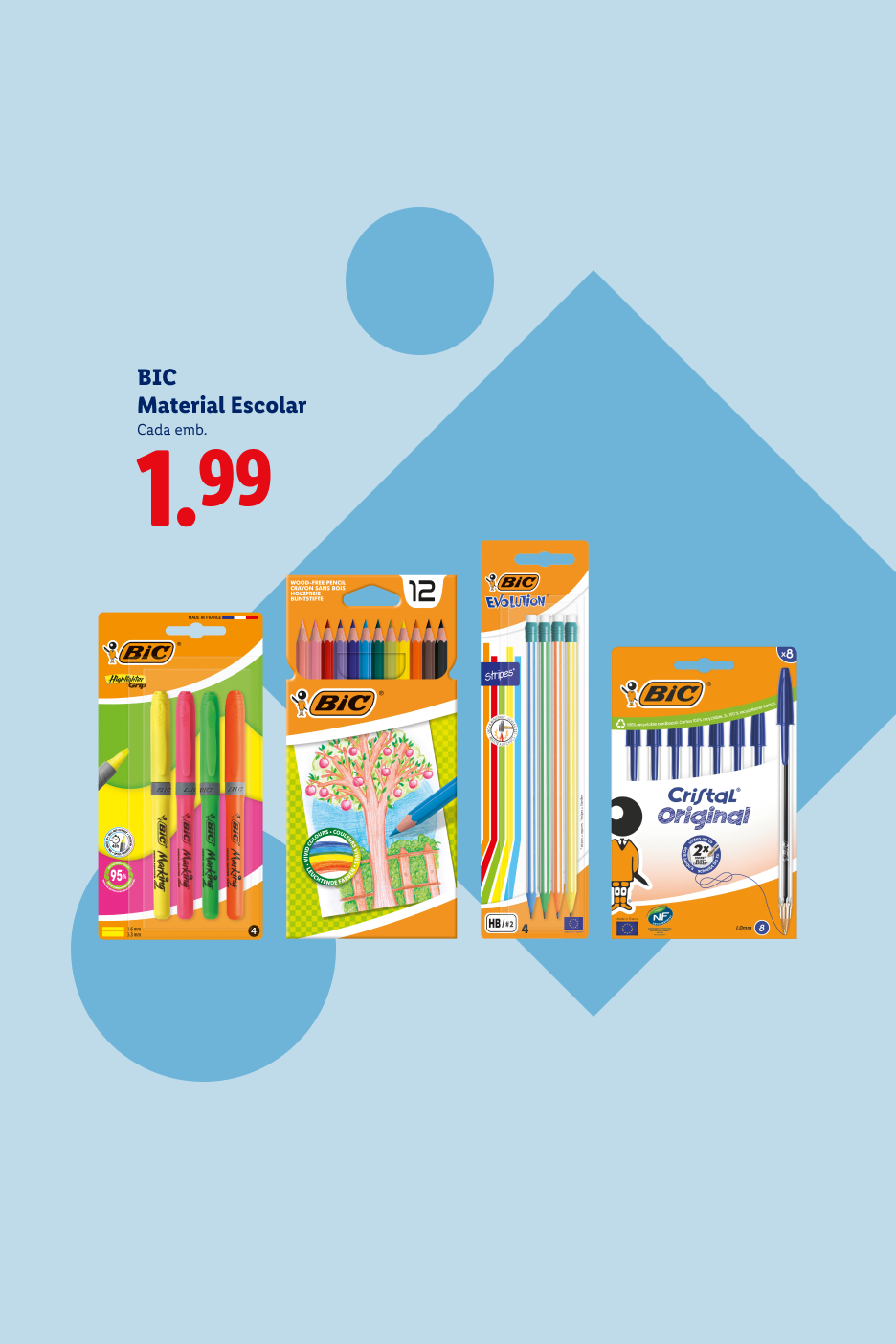 Material escolar, incluindo marcadores, lápis de cor, lápis de grafite e canetas esferográficas, por 1,99€.