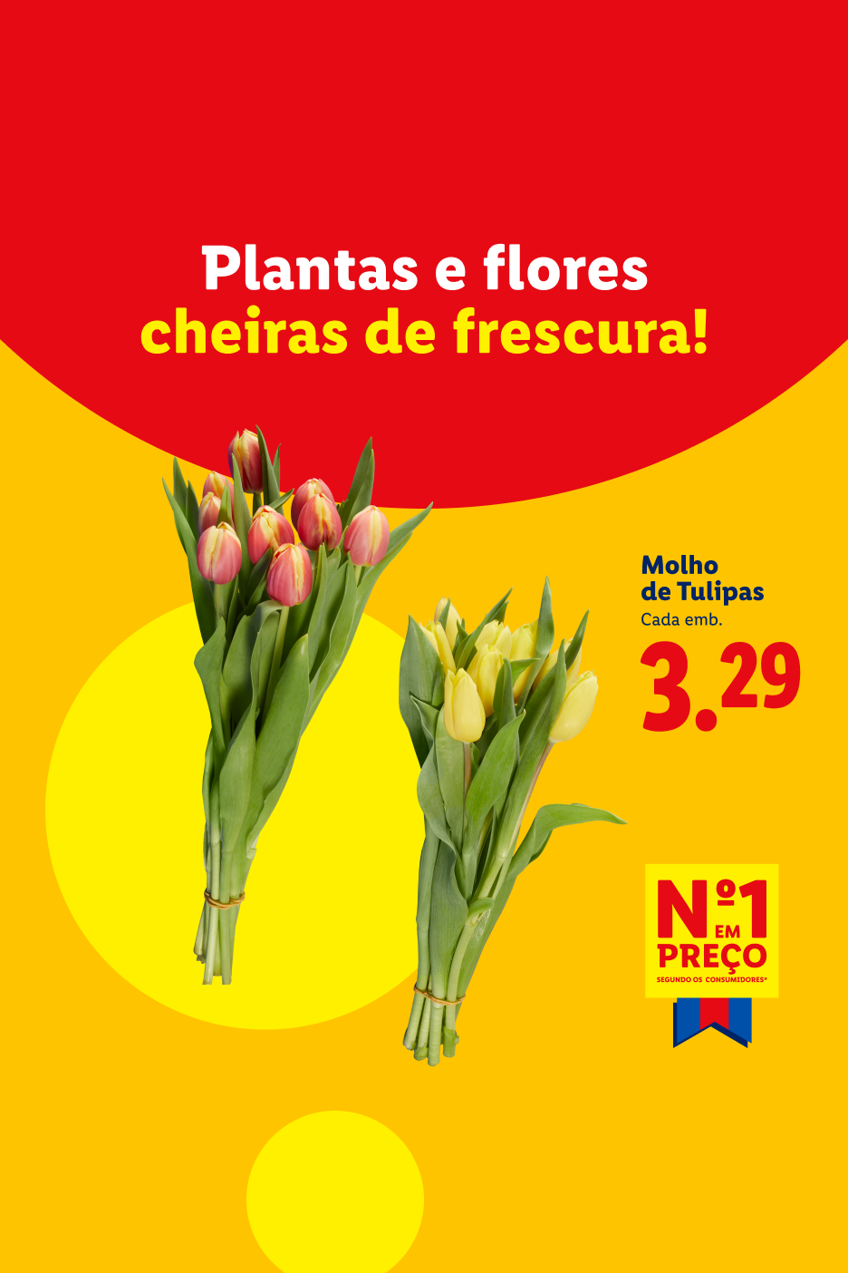 Anúncio de tulipas frescas em promoção, com o preço de 3,29 por molho.