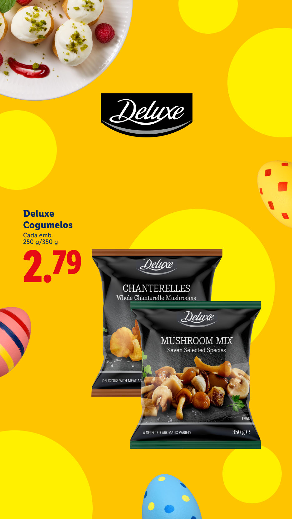 Cogumelos frescos e misturas de cogumelos congelados, com preço de 2,79€, num fundo amarelo com ovos de Páscoa.