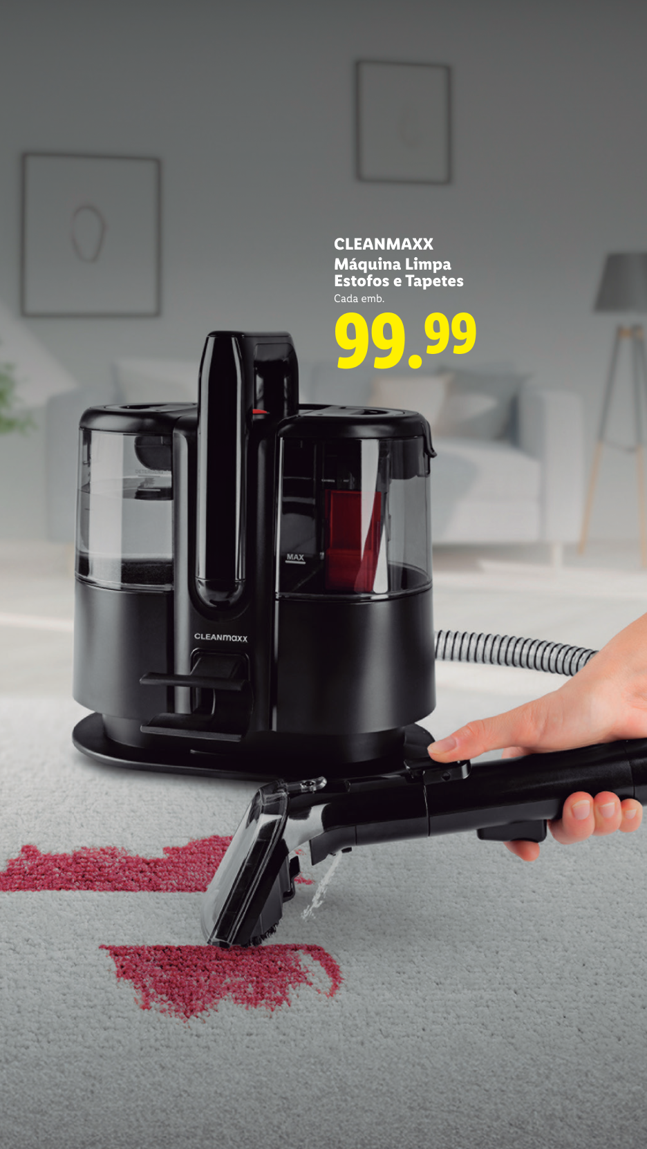 Máquina de limpeza de estofos e tapetes a remover uma mancha, preço 99.99.