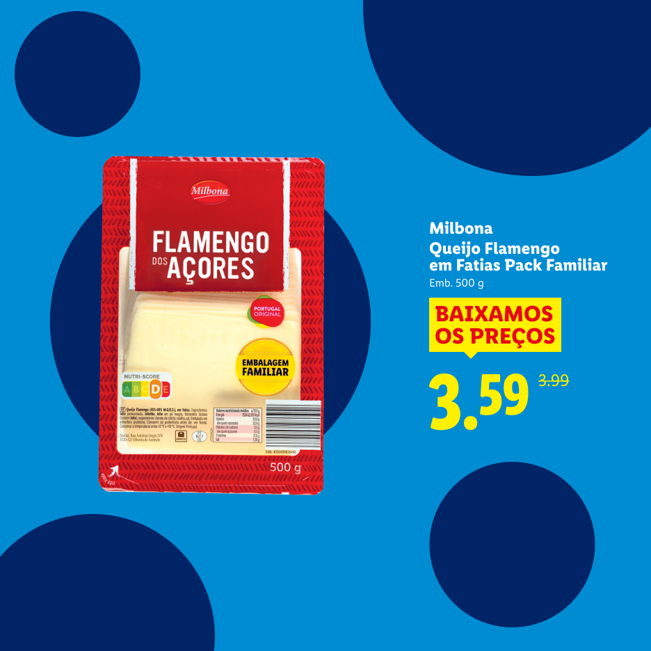 Queijo Flamengo em fatias, embalagem familiar de 500g, com preço promocional de 3,59€.