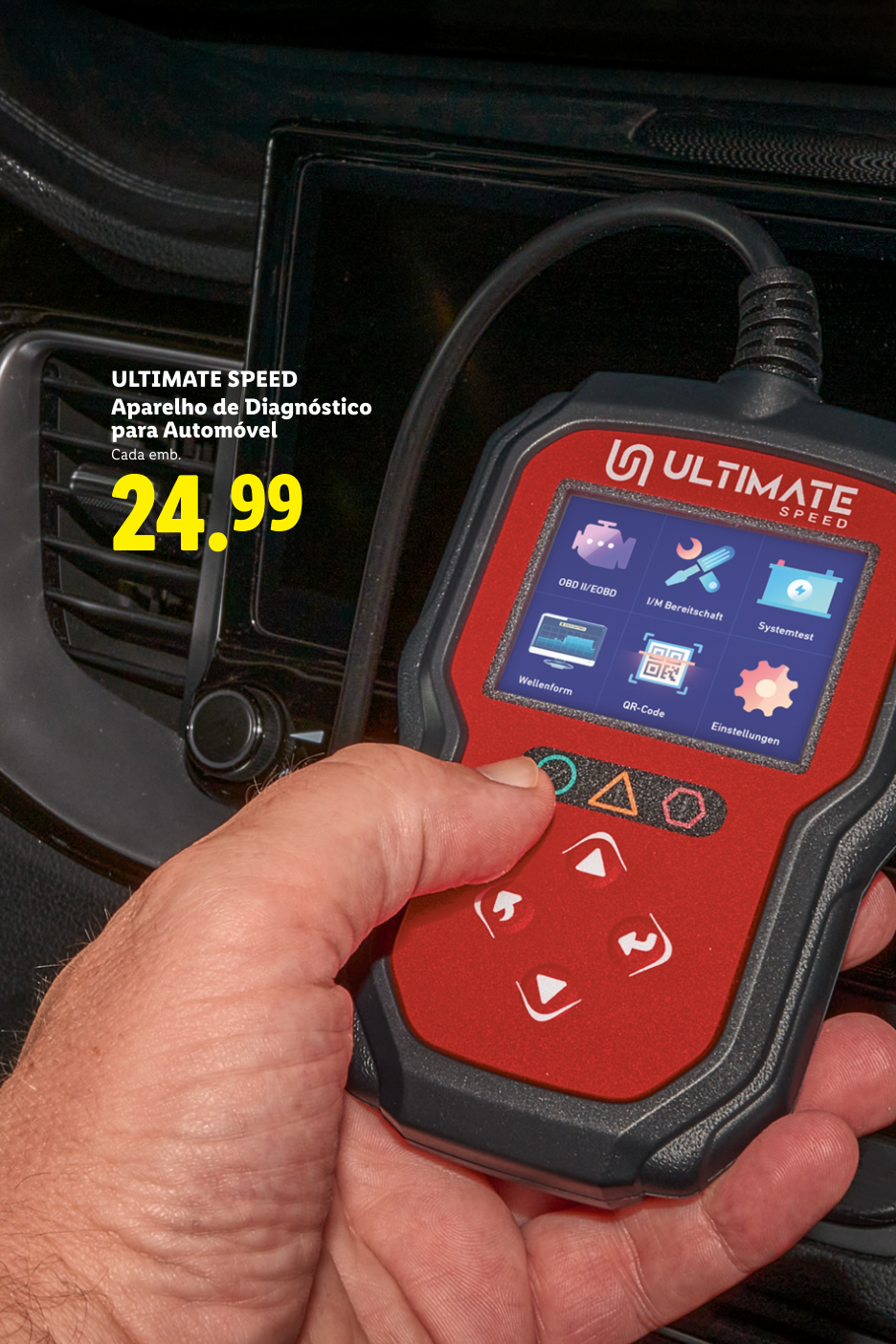 Aparelho de diagnóstico para automóvel, com preço de 24.99.