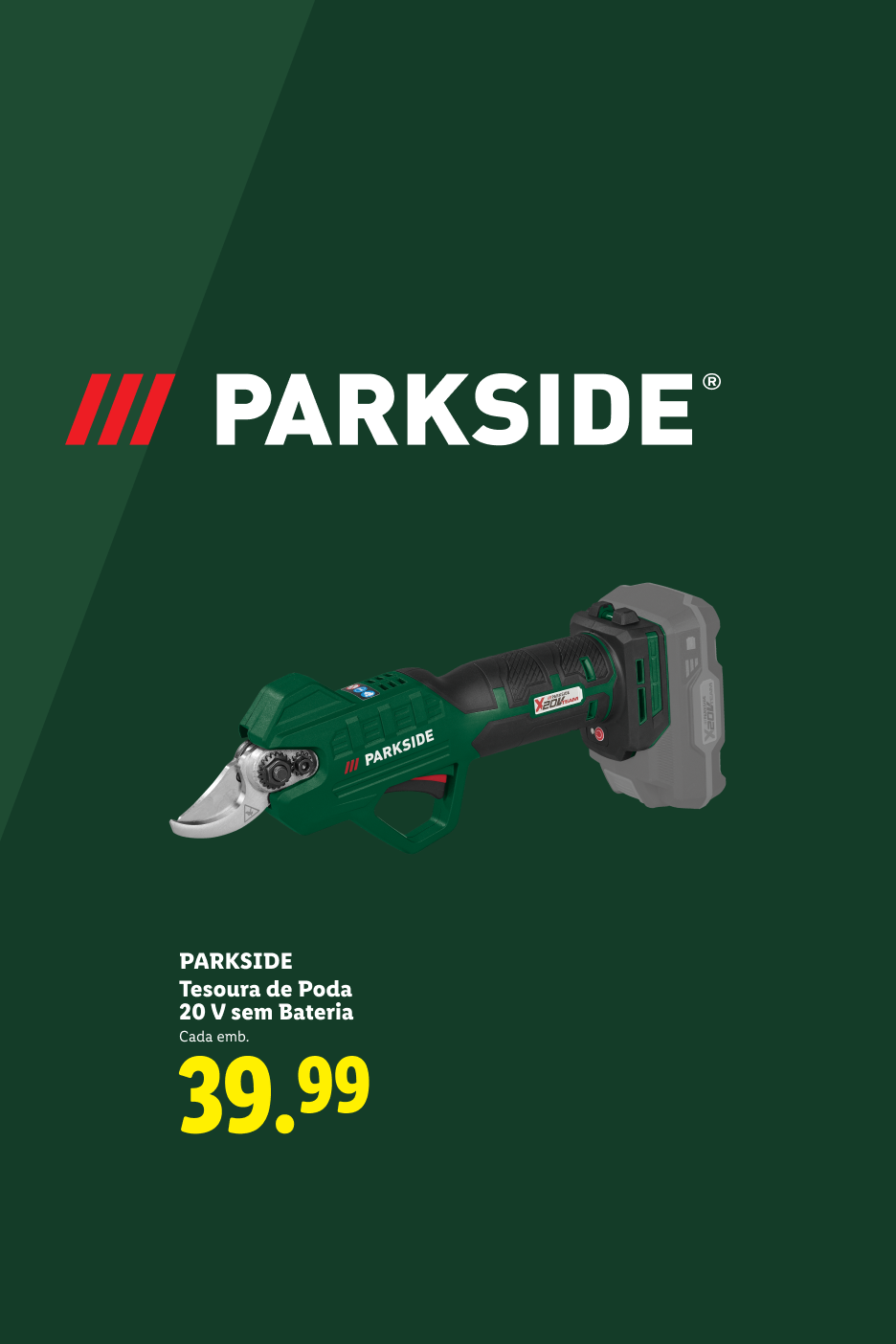 Tesoura de poda de 20 V sem bateria por 39,99€.
