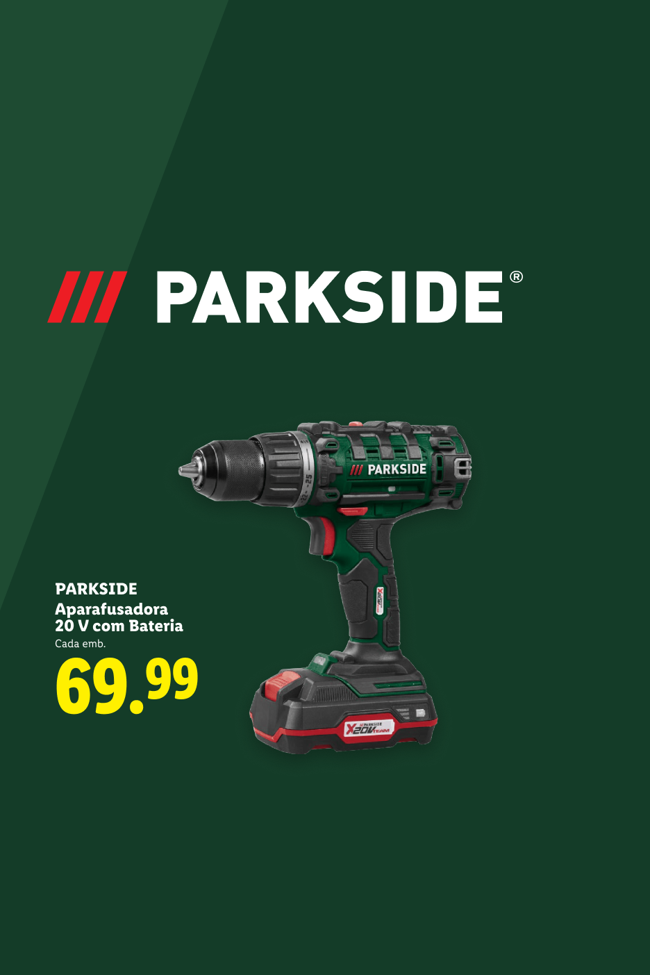 Berbequim aparafusador de 20 V com bateria, custa 69,99 euros.