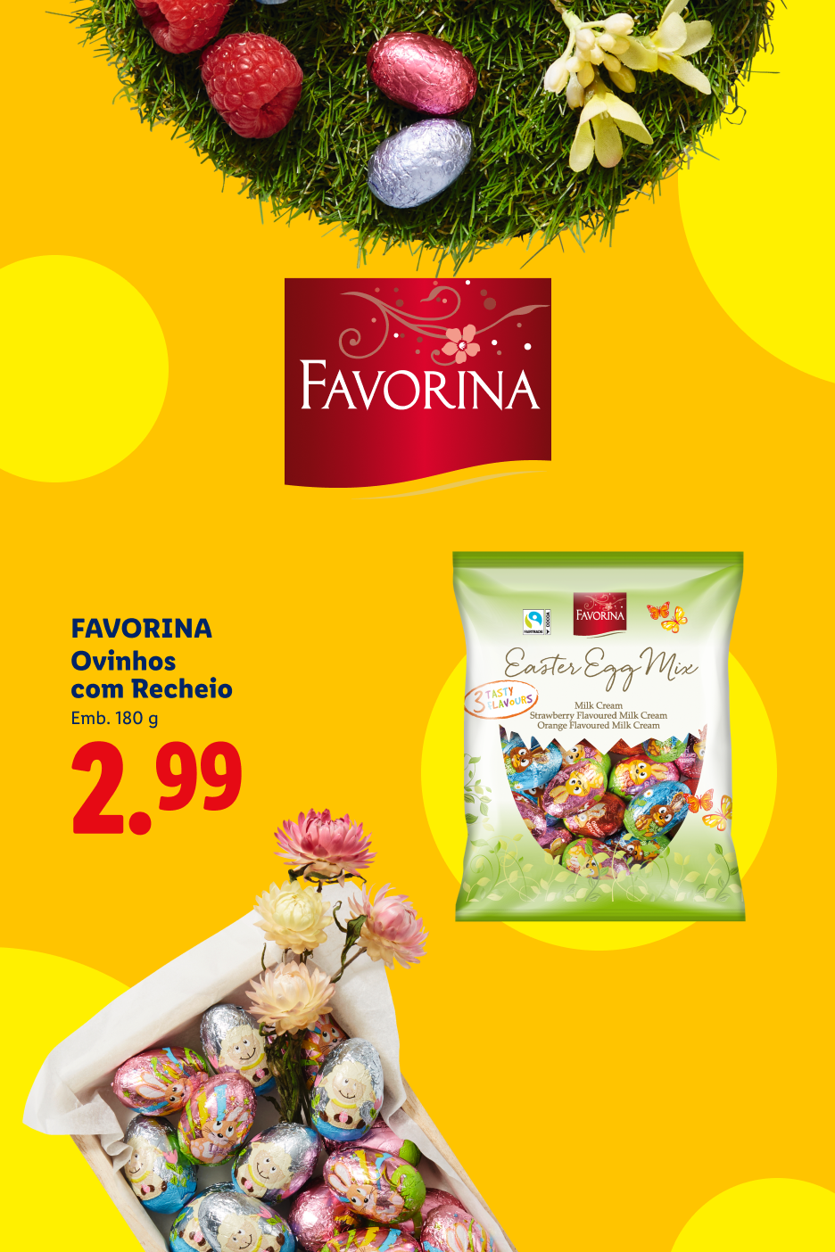 Ovos de Páscoa de chocolate recheados e um saco de ovos de Páscoa sortidos.