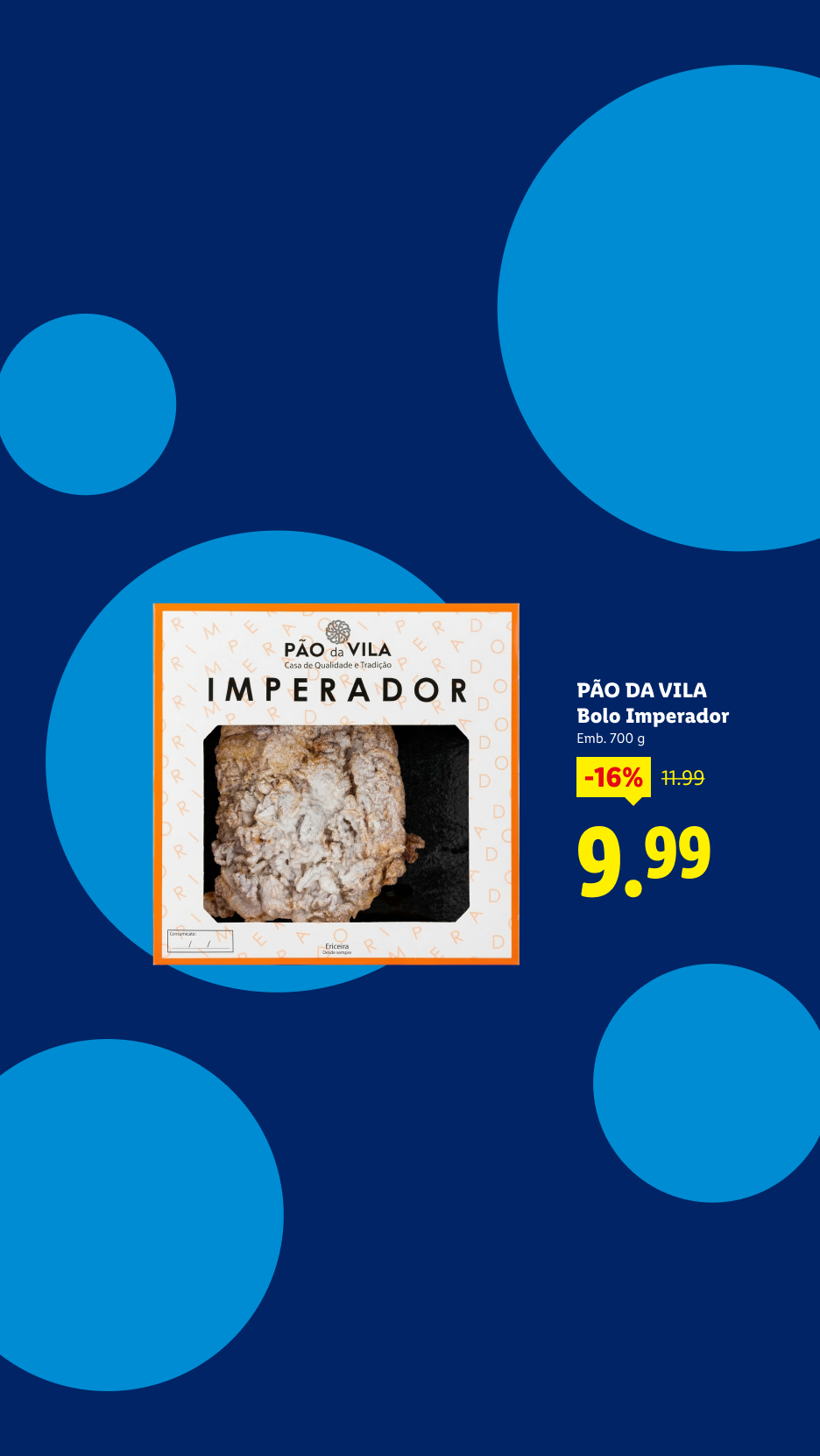 Bolo Imperador em embalagem, com preço de 9,99€ e desconto de 16%.