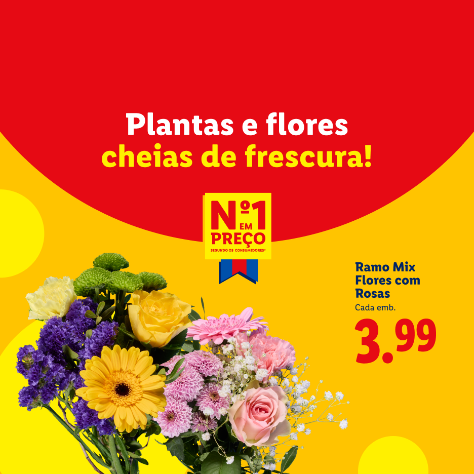 Um ramo de flores mistas com rosas, margaridas e outras flores, com o texto 'Plantas e flores cheias de frescura!' e o preço de 3,99.