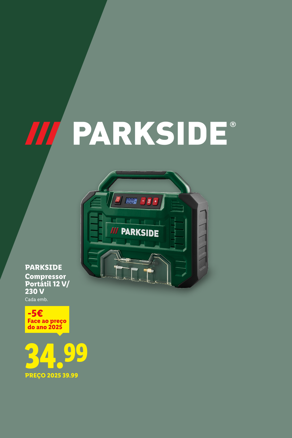Compressor portátil 12 V/230 V, com desconto de 5€, preço final 34.99€.