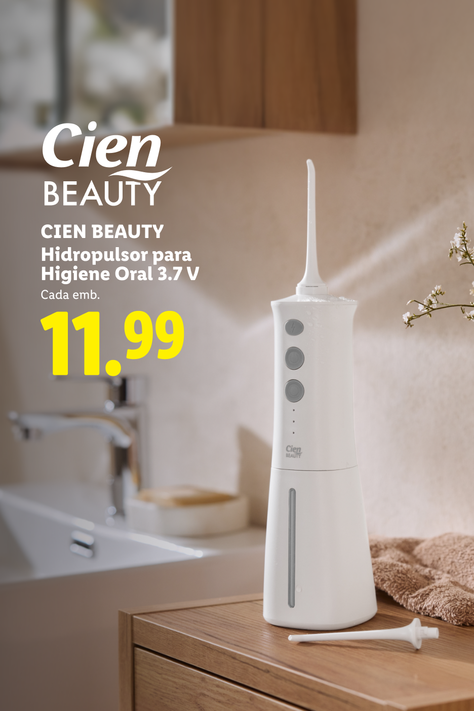 Hidropulsor para higiene oral 3.7 V por 11.99€, em cima de um móvel de casa de banho.