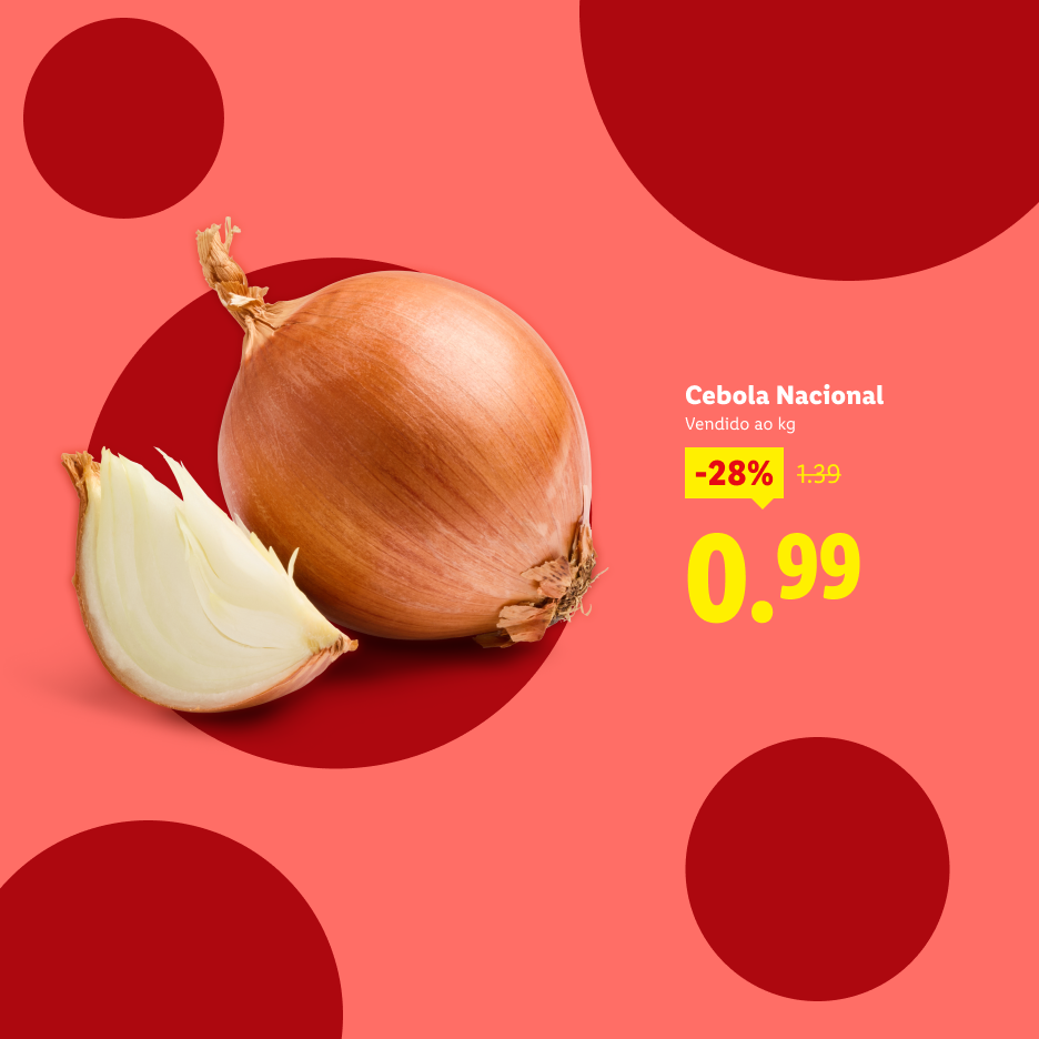 Cebola Nacional com 28% de desconto, agora 0,99€/kg.