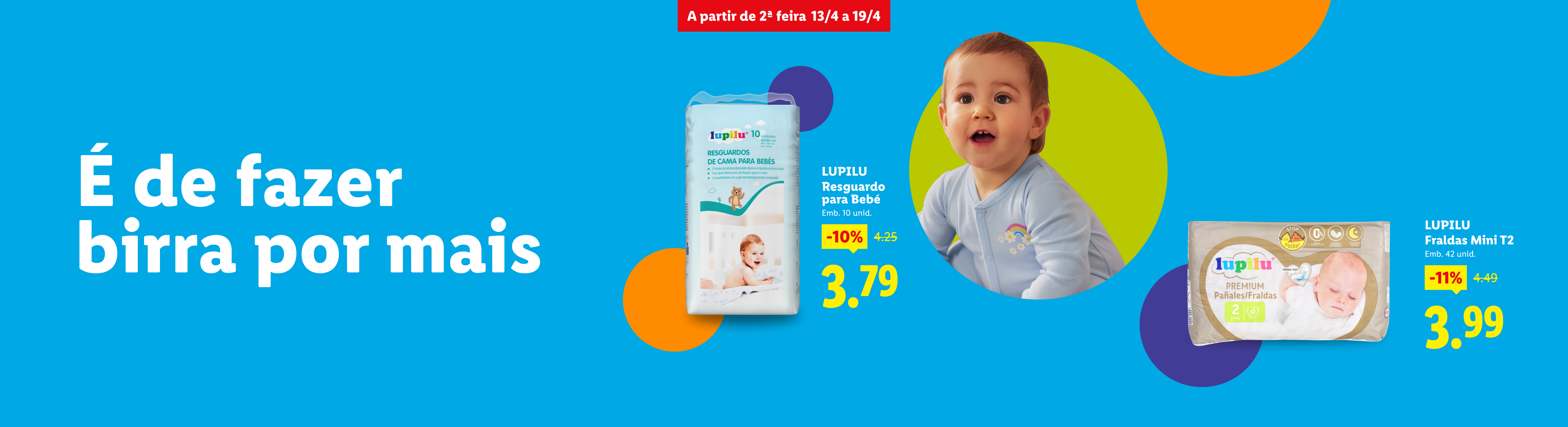 Promoção de resguardos de cama e fraldas para bebé, com descontos de 10% e 11%.