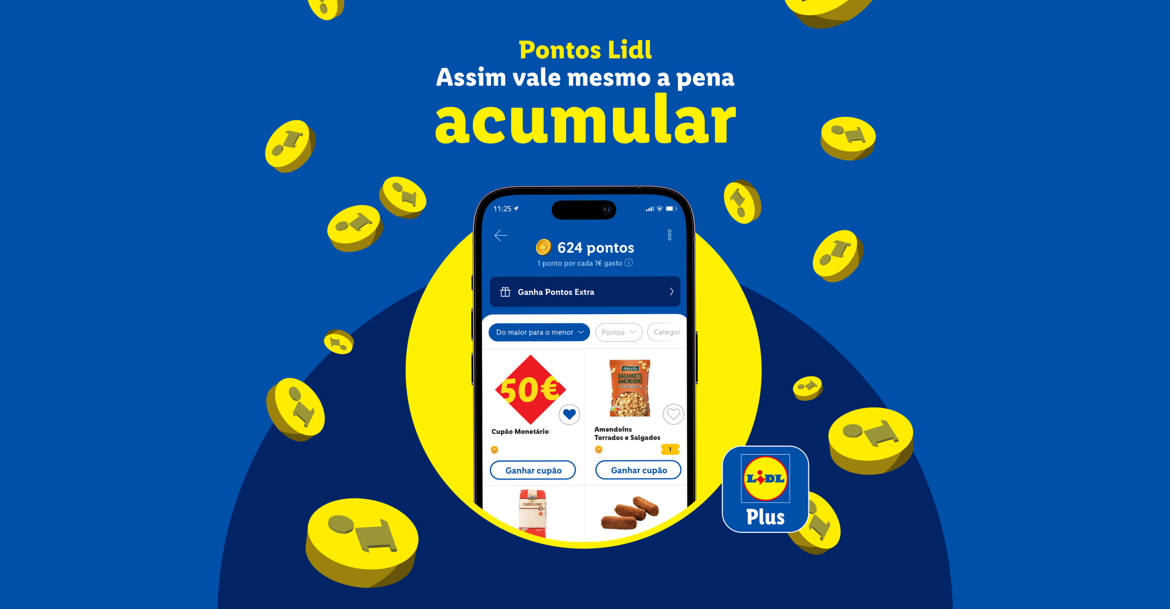 Anúncio do programa de pontos Lidl, com um smartphone exibindo a aplicação e ofertas de cupões.
