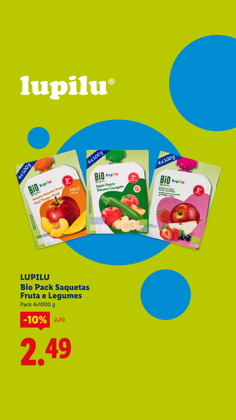 Três saquetas de puré de fruta e legumes para bebé, com desconto de 10%.